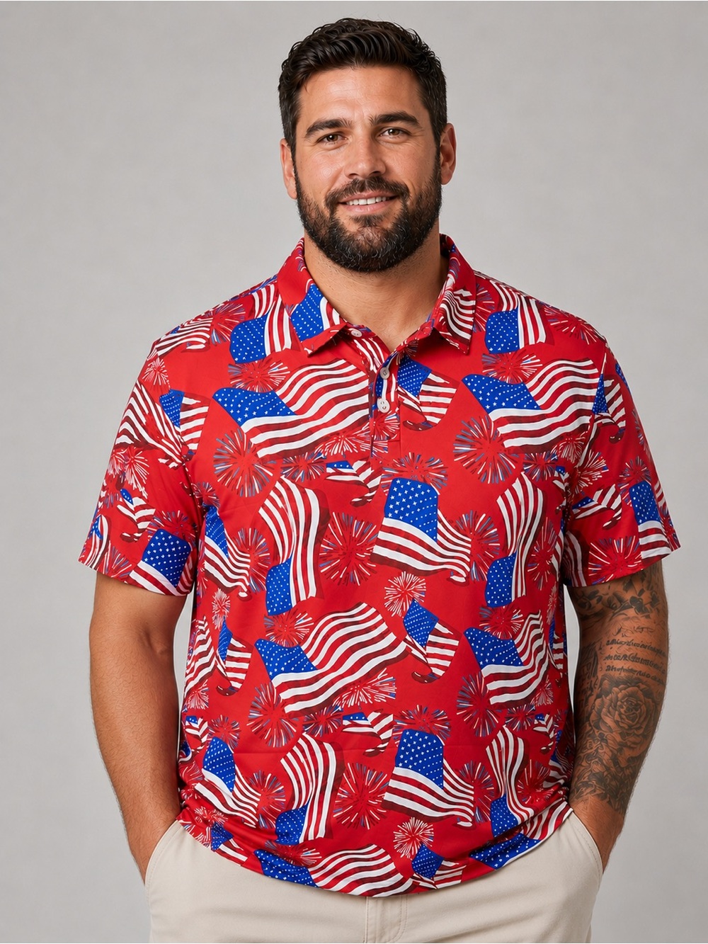 Men’s XXL Red White Blue American Flag Firework Moisture Wicking Golf Polo NWT